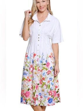 Floral bordered white dress 
John Mark
